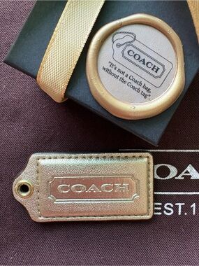 Y2K 2.5” Coach Metallic Gold Vintage Leather Hang Tag Bag Charm with Ball Chain